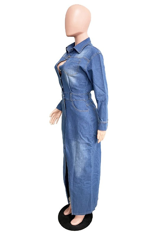 Stylish Long Sleeve Denim Maxi Dress with Cut Off Front